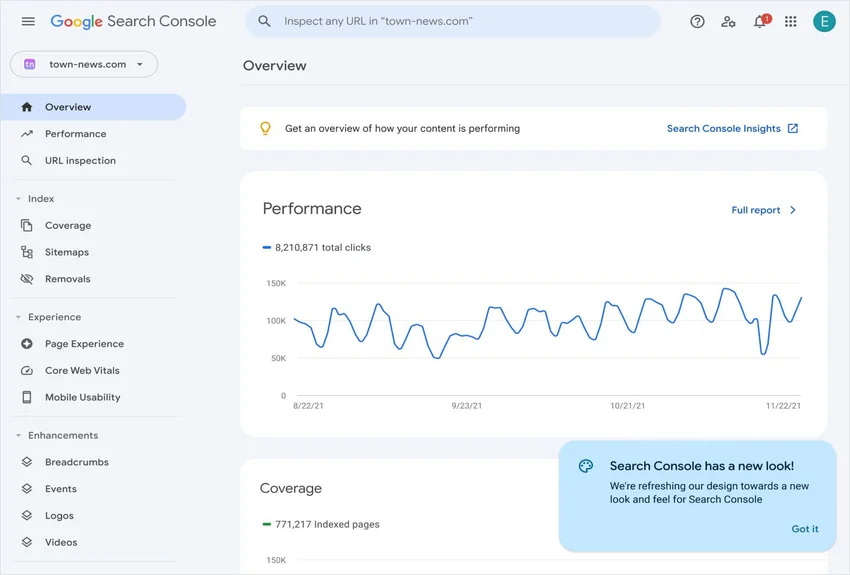 Google search console dashboard